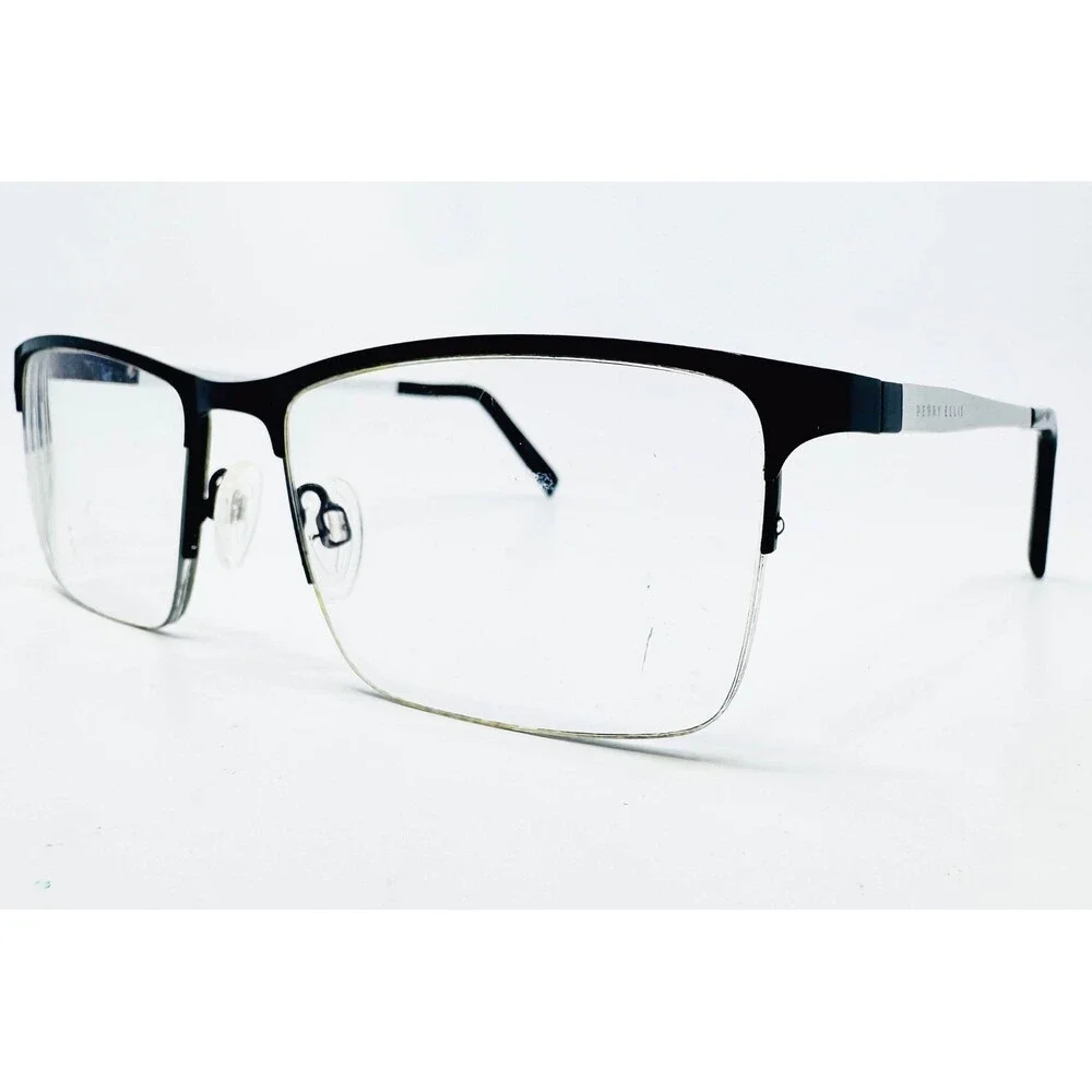Perry Ellis Eyeglasses Mens Black Silver Semi Rimless PE 411-2 56-18-145